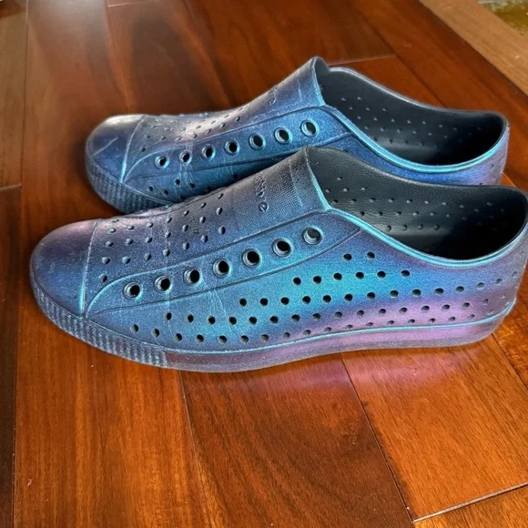 Shiny Blue Perforated Slip-Ons - Picture 4 of 16